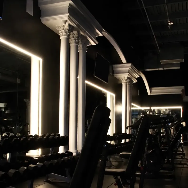 Strength floor under new lighting at XCEL Athletic Lifestyle, a rooftop gym in Hoboken, NJ