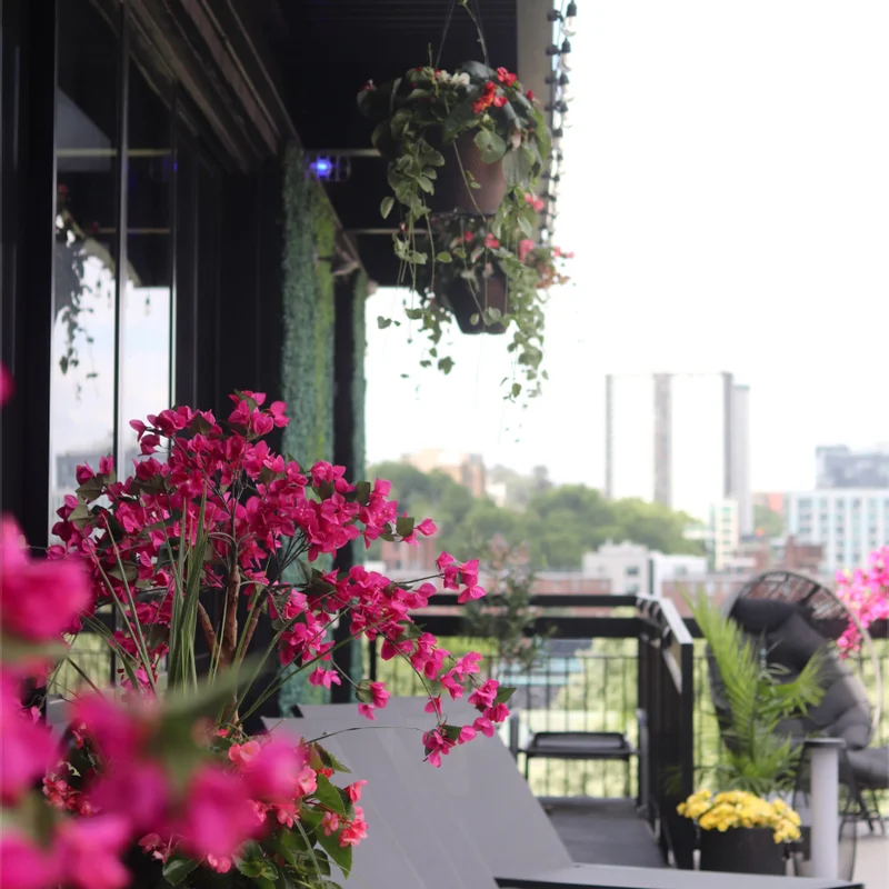 Rooftop terrace with flowers, lounge chairs and a city view at XCEL Athletic Lifestyle, a rooftop gym in Hoboken, NJ