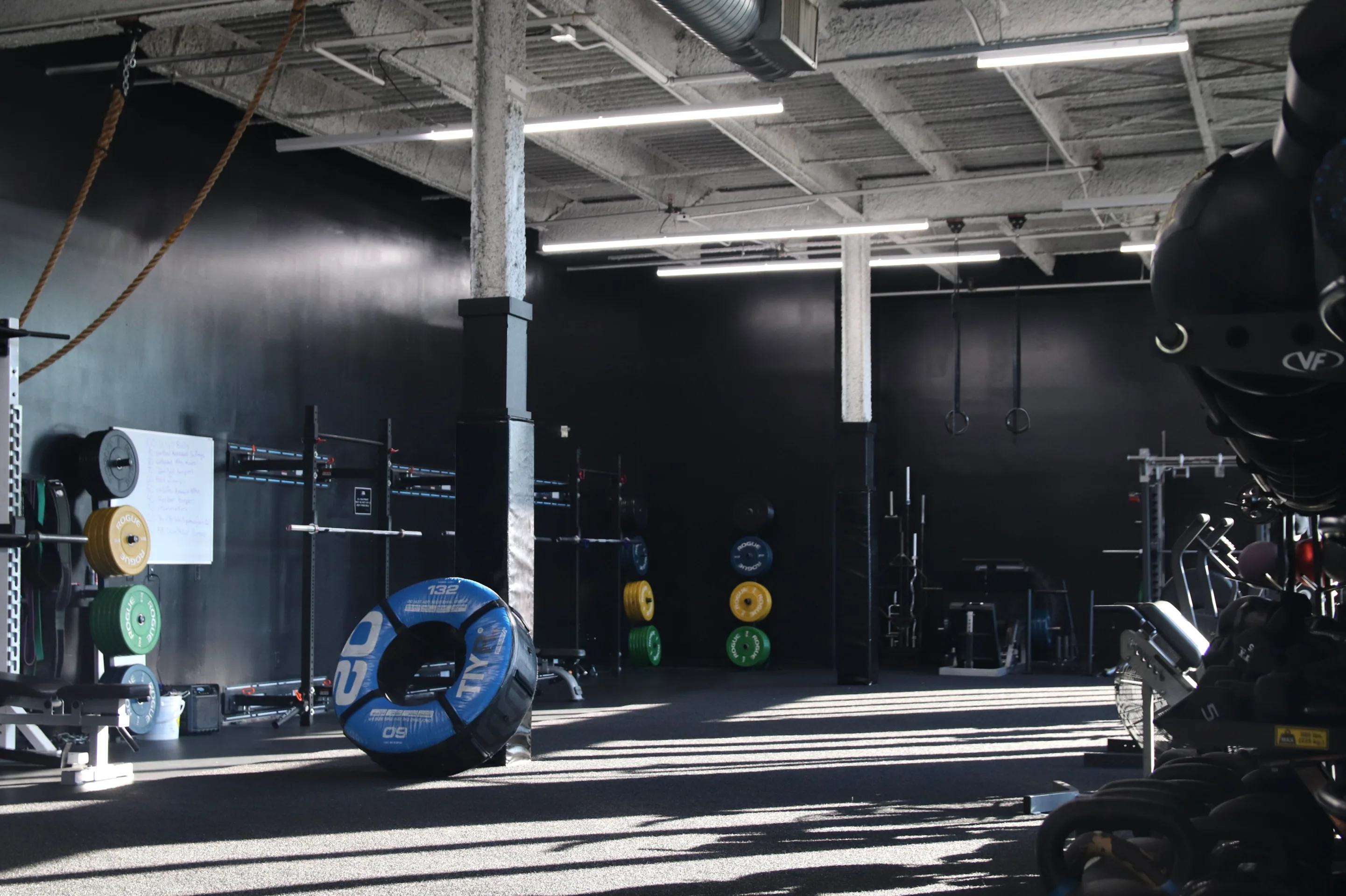 Sunlit functional training zone with racks and bumper plates at XCEL Athletic Lifestyle, a rooftop gym in Hoboken, NJ