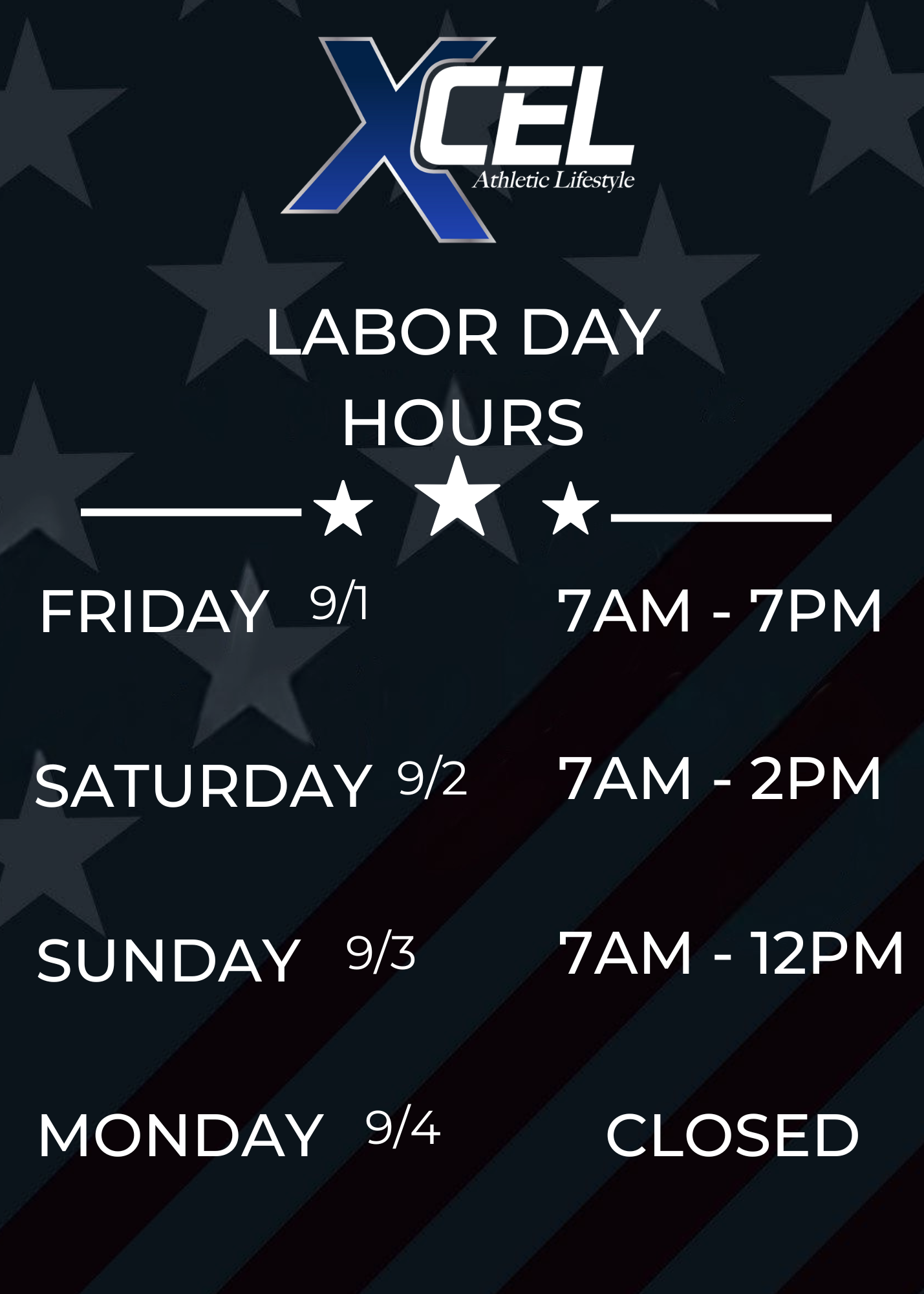 XCEL Labor Day Weekend Hours 2023
